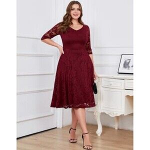 NWT Dressystar Womens Small Elegant 3/4 Sleeve Burgundy Lace Dress Midi Cocktail